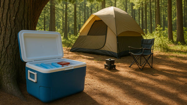 Cool box palced in the shade of a tree whilst camping