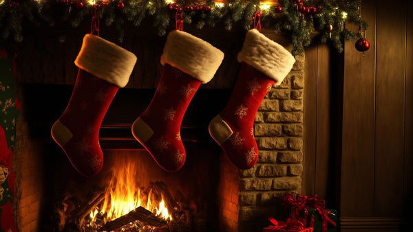 Three stockings hanging in front of an open fire