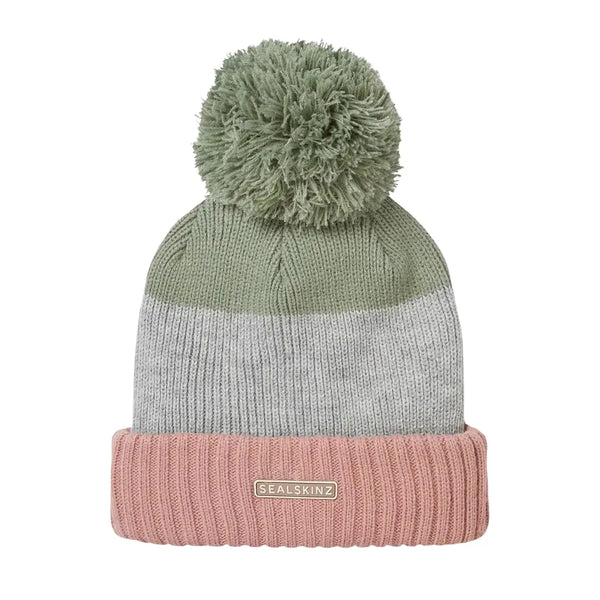Sealskinz womens waterproof fleece lined Flitcham bobble hat in pink stripe showing the front detail when laid flat
