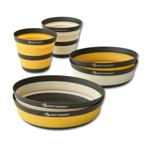 Sea To Summit Frontier 6 piece collapsible dinnerware expanded for use on a white background