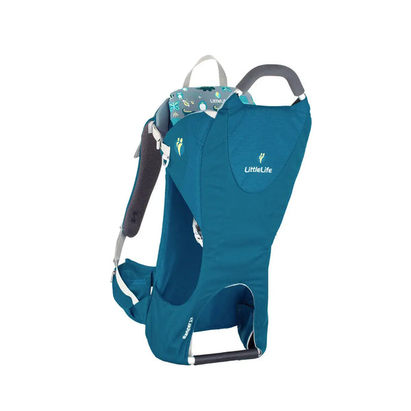 Littlelife Ranger S2 child carrier backpack in blue colour from the back showing the foot bar and the carry strap