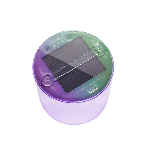 Luci Color Inflatable Solar Lantern blown up showing the top carry handle and solar array