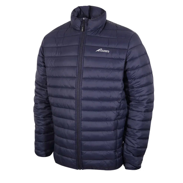 Front detail of a Sub Zero mens lightweight synthetic insulated jacket in navy blue showing the full length zip and baffle construction
