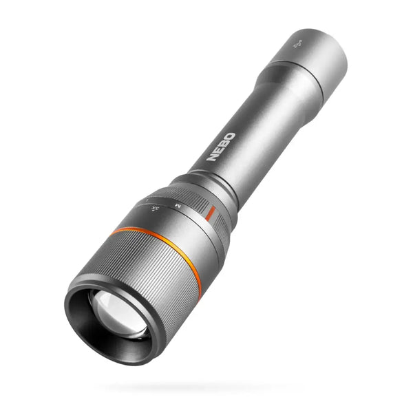 Nebo Davinci flashlight shown on its side on a white background