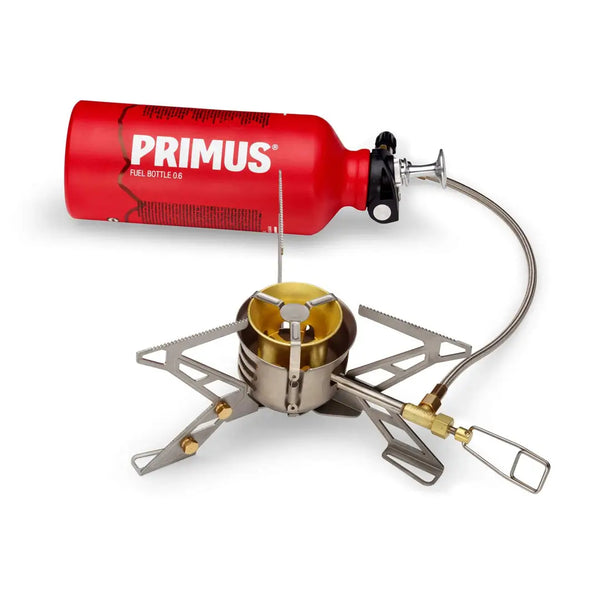 Primus Omnifuel 2 stove set-up with the Ergo pump attached to the 600ml fuel bottle