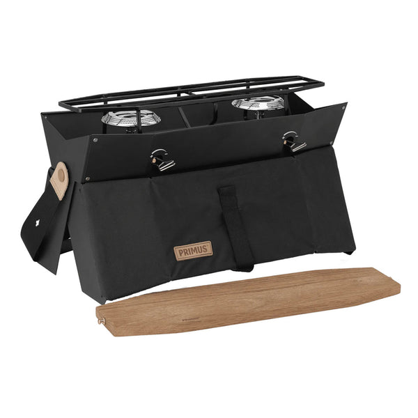 Primus Onja gas stove with a duo valve shown in the black colour set-up for cooking