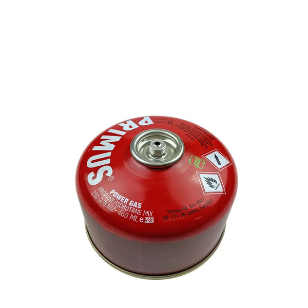 Primus Power Gas 230g canister showing the screw top valve that houses the Lindal system