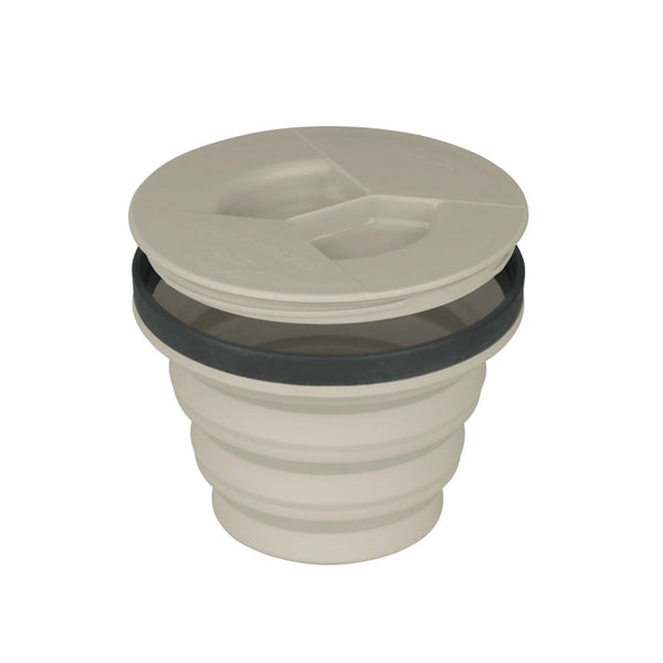 Sea To Summit collapsible x seal and go medium bowl in sand colour expanded and showing the screw on lid detail