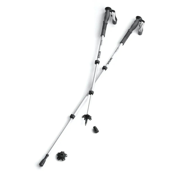 Silva Trekking Poles extended and partially extended showing the foam grips with adjustable straps and the snow snow baskets and rubber feet