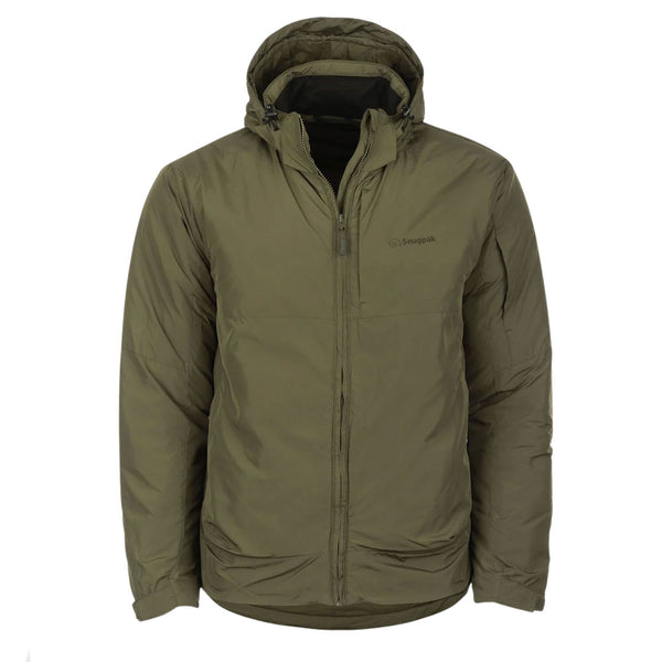 Front shot of a Snugpak Arrowhead insulated windproof jacket in olive on a white background