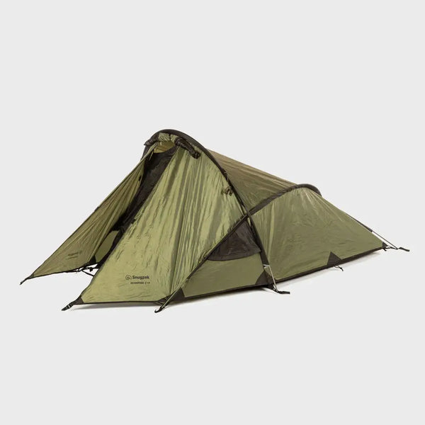 Snugpak Scorpion 2 tent in olive colour pitched on a white background