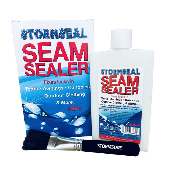 Stormseal emergency fabric waterproof seam sealer 100ml bottle with applicator brush and packaging