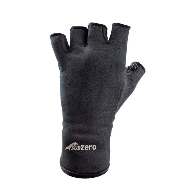 Back of the left hand detail of Sub Zero Factor 2 thermal fingerless gloves in black showing the reflective logo on a white background