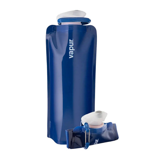 An Admiral blue Vapur Eclipse Anti Bottle with a capacity of 1000ml, featuring a flexible, collapsible design and a built-in carabiner.