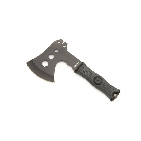 Whitby outdoor survival camping axe showing the rubberised textured handle and hex holes