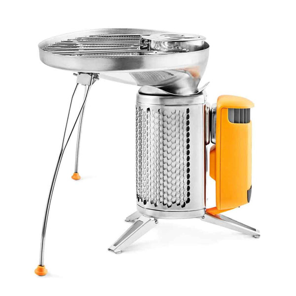 Biolite portable grill with its legs extended and attachment to the CampStove