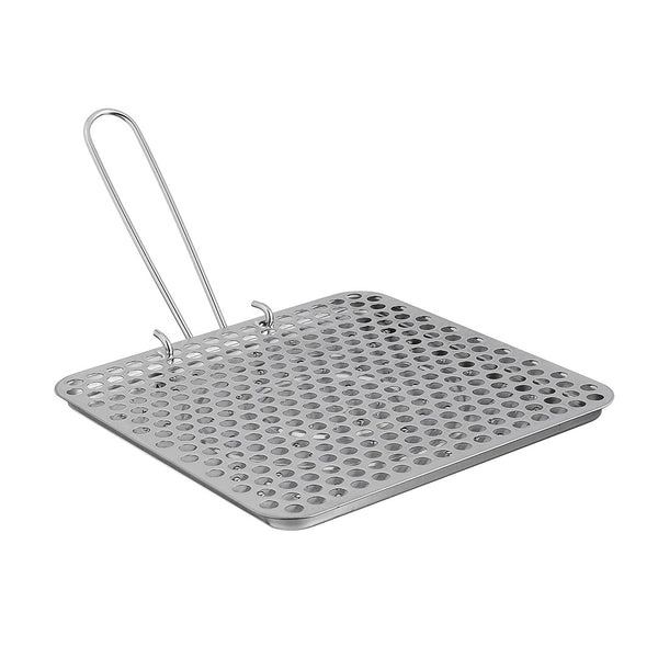 Studio shot on a white background of Bright Spark Portable stainless steel camping toaster with the handle attached
