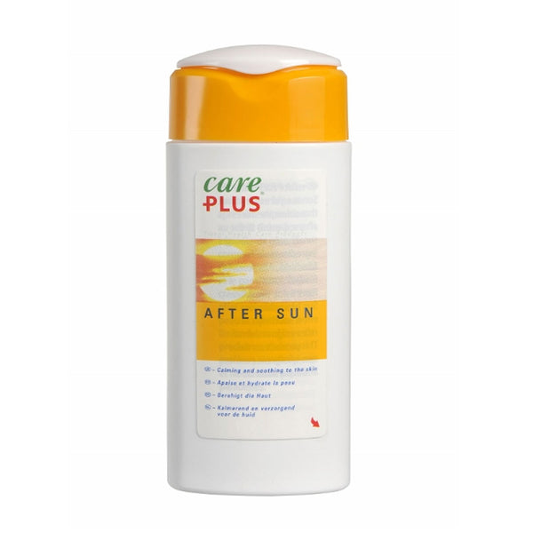 Front 100ml bottle detail of Care Plus soothing after sun lotion