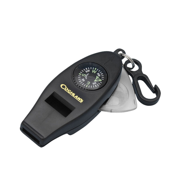 Coghlans four function whistle showing the integrated compass and magnifying glass