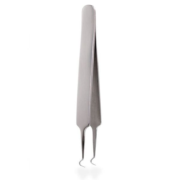 Lifesystems stainless steel tick removal tweezers photographed from the side on a white background