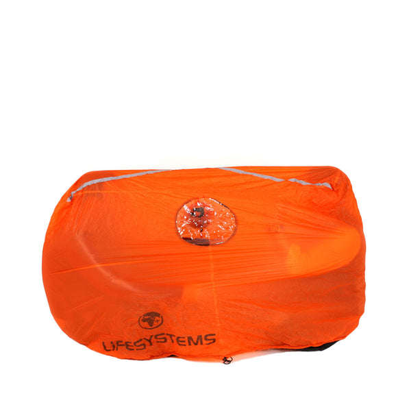 Lifesystems 2 person survival shelter in orange with two people inside and the PU window showing