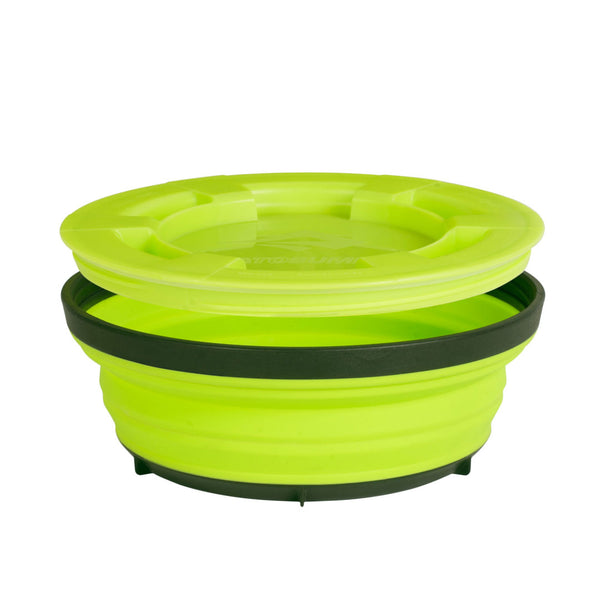 Sea To Summit collapsible silicon X seal and go large bowl in lime colour expanded and showing the lid detail