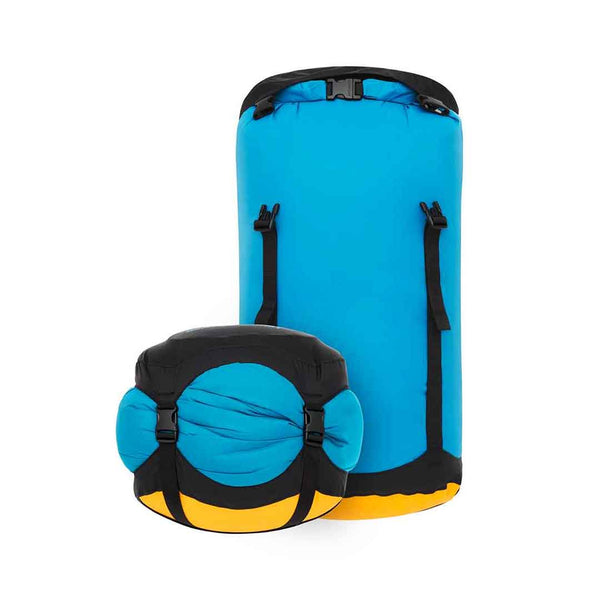 Sea To Summit Evac ultra lightweight compression dry bags showing an uncompressed bag alongside a compressed bag