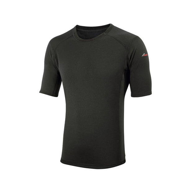 Front detail of Sub Zero Factor 2 mens short sleeve thermal mid layer top in black colour photographed on a white background