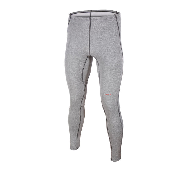 Front detail of Sub Zeros Factor 2 Plus mens thermal mid layer leggings in mark grey colour photographed on a white background.