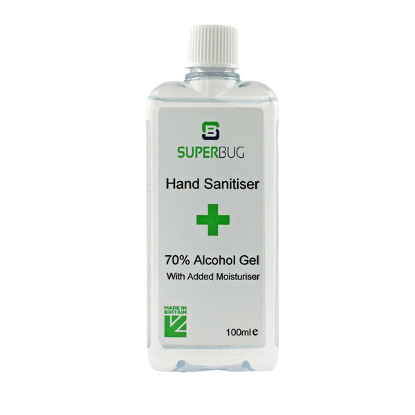 Superbug 70% alcohol hand sanitiser gel with added moisturiser in a 100ml squeeze bottle