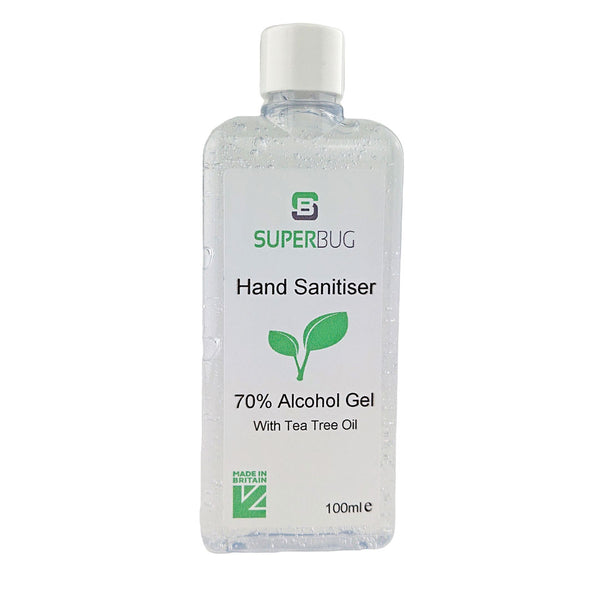 Superbug 70% alcohol hand sanitiser gel with added tea tree essential oils housed in a 100ml squeeze bottle