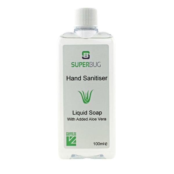 Superbug liquid travel soap with Aloe Vera and ctrus fruit essential oils in a 100ml squeeze bottle