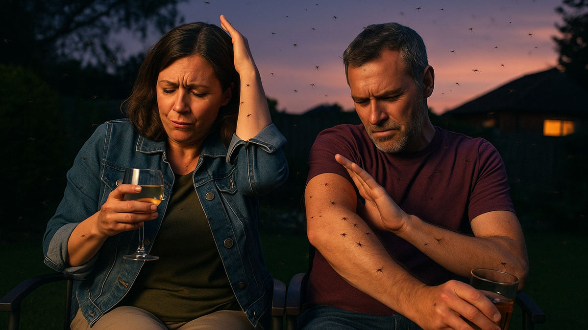 A couple sitting outside in their garden at dusk being bitten by mosquitoes