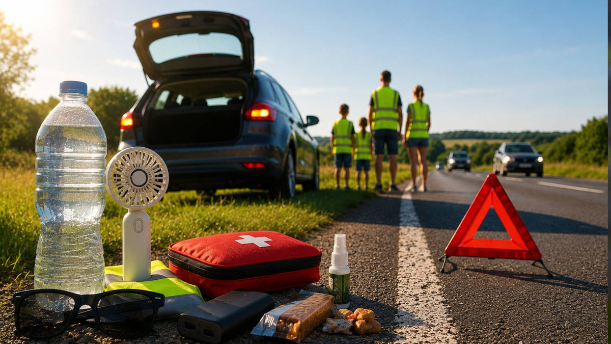 A car broken down with its boot open and hazard lights on with a family in his vis vests in the background and gear you shoul dpack for such eventualities in the foreground