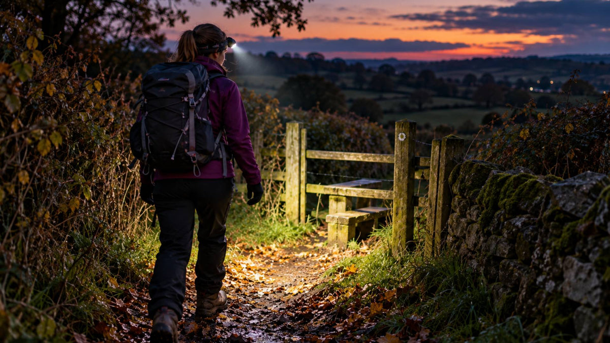 Female hiker wearing a head torch walking along a muddy countryside footpath at sunset, with hedgerows on either side.