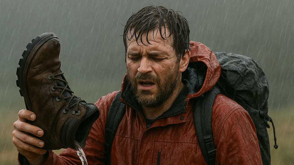 Wet through man tipping water from his walking boot