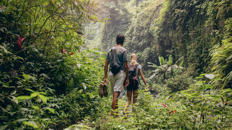 Two people walking in the jungle wearing Sub Zero anti-mosquito clothing