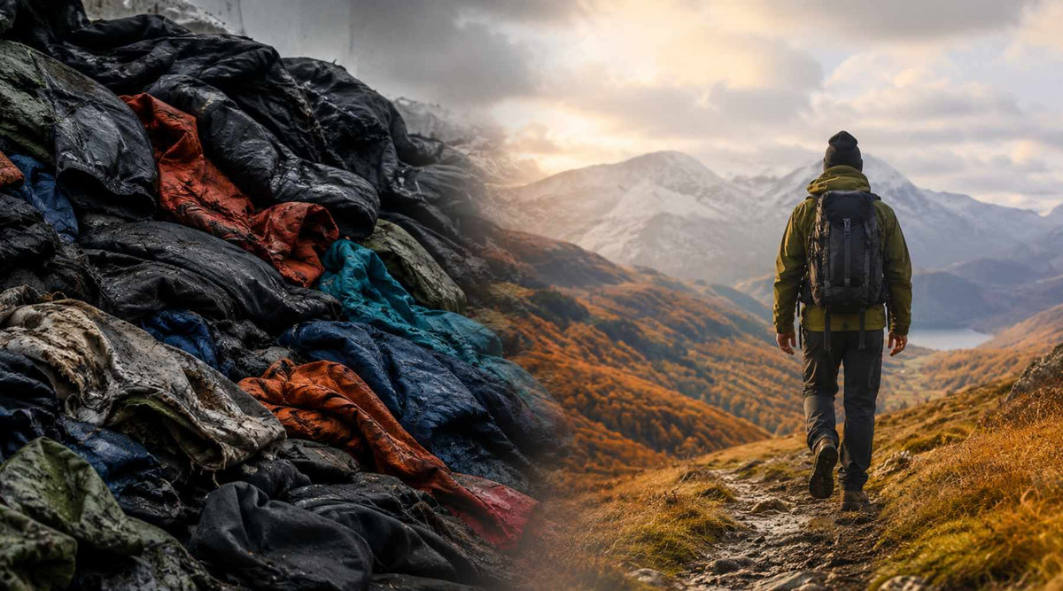 Split image showing a pile of outdoor clothing on teh left waiting to be reycled and a man on the right wearing sub zero clothing for longevity