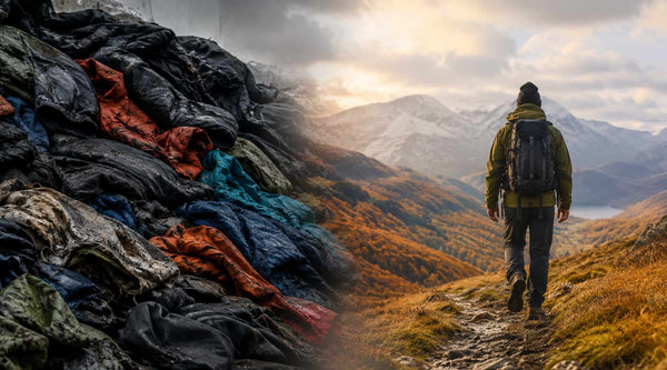 Split image showing a pile of outdoor clothing on teh left waiting to be reycled and a man on the right wearing sub zero clothing for longevity