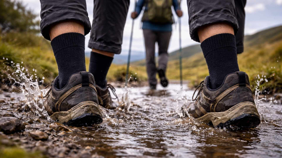 Walkers wearing waterproof socks for keeping their feet dry in wet weather