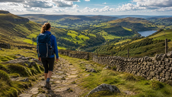 Hiker walking along a rocky trail through the Peak District, surrounded by rolling green hills, dry-stone walls and reservoirs.