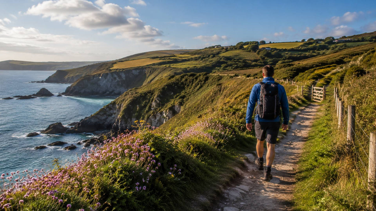 Hiker walking along a scenic Devon coastal path with rugged cliffs, rolling countryside and the sea on a bright September day.