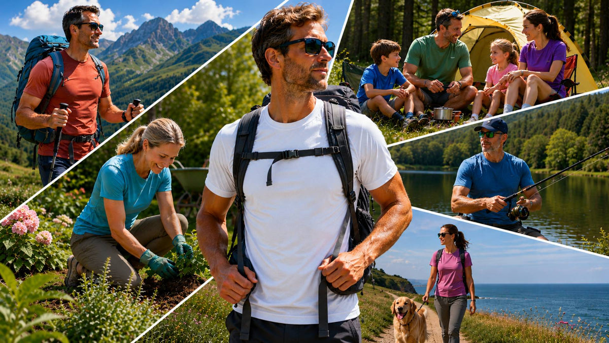 People wearing lightweight technical clothing while hiking, camping, fishing, gardening, dog walking and enjoying the outdoors.