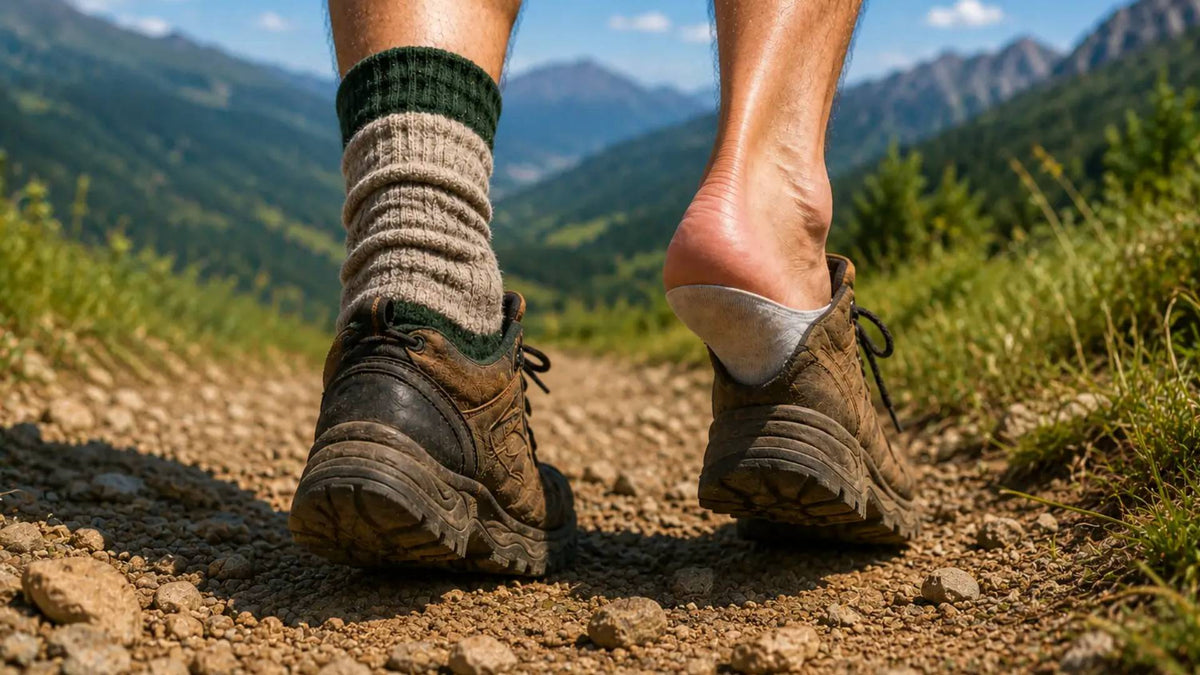 Close-up of a summer hiker walking along a sunny mountain trail, wearing rugged walking boots with a thick cushioned walking sock on one foot and a thin sock slipping down on the other.