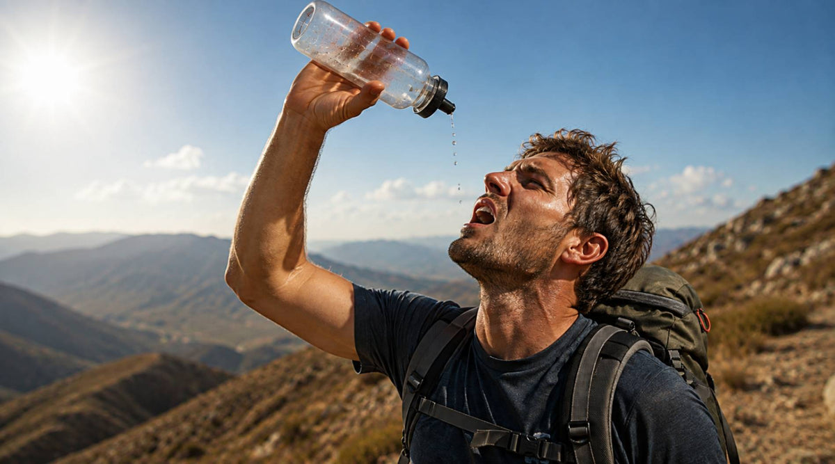 Hot looking male walker who is squeezing the last drop of water from their drinking bottle in the hills