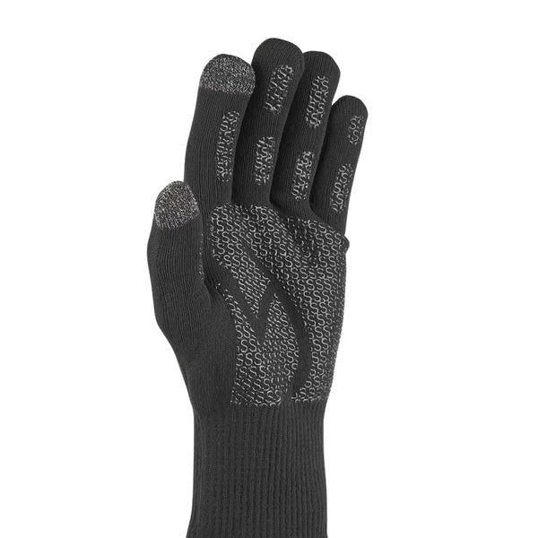 Sealskinz Waterproof All Weather Ultra Grip Knitted Gloves close-up of the palm and fingers on the left hand showing the sticky silicon print and touchscreen compatible thumb and fingertip 