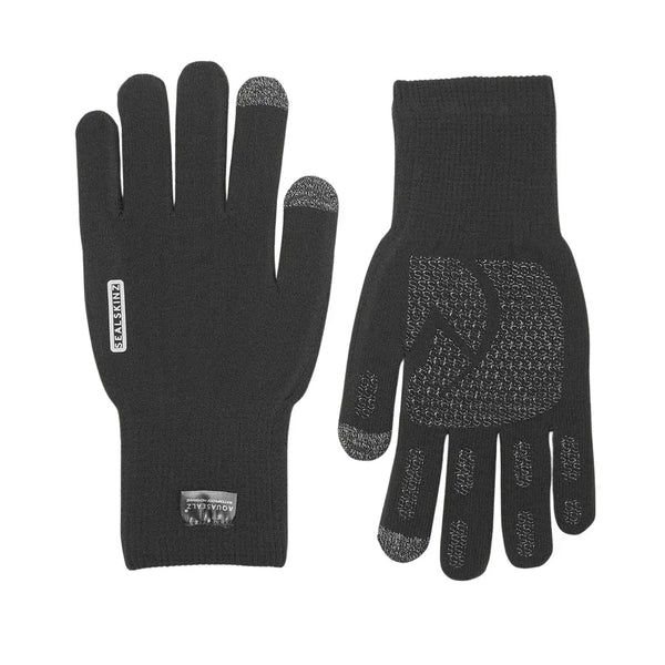 Sealskinz Waterproof All Weather Ultra Grip Knitted Gloves showing the front and back details in black