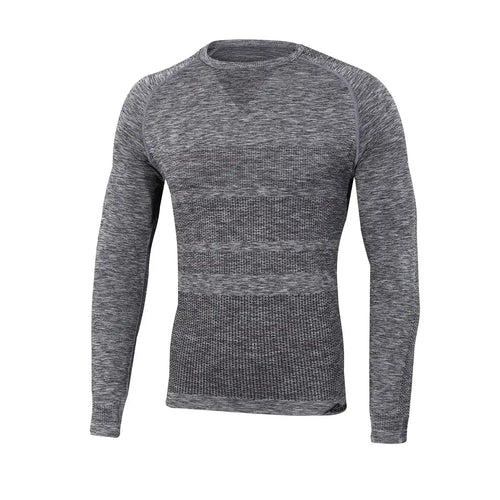 front detail of Sub Zero anti-mosquito mens summer long sleeve base layer top in grey marl photographed on a white background