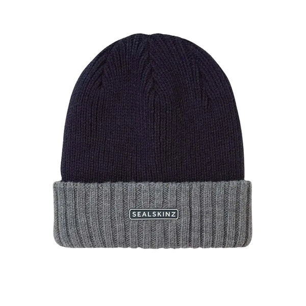 Front detail of Sealskinz Bacton waterpoof beanie hat in navy