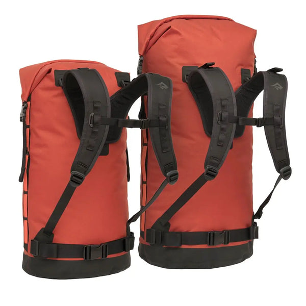 Sea To Summit Big River Dry Backpack in red showing the size and strap details for both the 50 and 75 litre versions